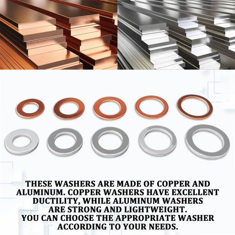 Oil Drain Plug Crush Washer Kit With 100 Pieces Aluminum And Copper Washers shown with copper and aluminum sheets.