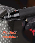 Heavy Duty Pneumatic Riv Nut Gun Kit With Adjustable Speed Trigger And Four Versatile Heads For 10-24, 1/4, 5/16, And 3/8 Inches Plus Extra Mandrels For Serious Pros Who Need A Top Notch Tool, shown on metal sheet