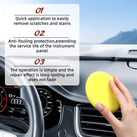 Interior Car Scratch Repair Wax For Dashboard And Plastic Trim Quick Scratch Remover That Restores Shine And Makes Scratches Disappear On Your Ride Easy To Use 100g shown being applied to a car dashboard with a sponge applicator.
