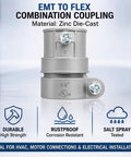 Three Quarter Inch EMT To Flex Squeeze Combination Coupling Set Five Durable Zinc Die Cast With Set Screw Locking For Vibration Resistance And Rust Proof Performance In Dry Or Damp Applications. 3/4 in zinc die-cast coupling on white background