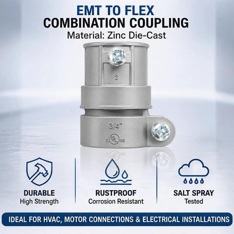Three Quarter Inch EMT To Flex Squeeze Combination Coupling Set Five Durable Zinc Die Cast With Set Screw Locking For Vibration Resistance And Rust Proof Performance In Dry Or Damp Applications. 3/4 in zinc die-cast coupling on white background