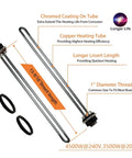 Must Have Water Heater Tune Up Kit With Two 4500W 240V Copper Heating Elements And Two TOD Style Thermostats Replacement Parts For Most 30 Gallon And Larger Heaters Includes One Year Warranty Easy Upgrade For Homeowners showing chromed copper heating elements with specifications