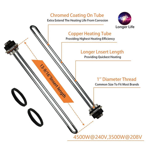 Must Have Water Heater Tune Up Kit With Two 4500W 240V Copper Heating Elements And Two TOD Style Thermostats Replacement Parts For Most 30 Gallon And Larger Heaters Includes One Year Warranty Easy Upgrade For Homeowners showing chromed copper heating elements with specifications