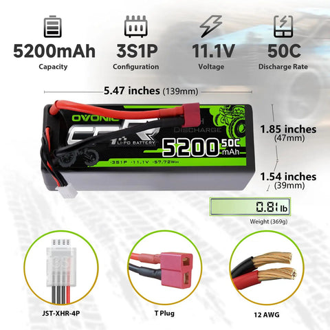3S 5200mAh 11.1V LiPo Battery With Deans T Connector, dimensions and specifications for RC models