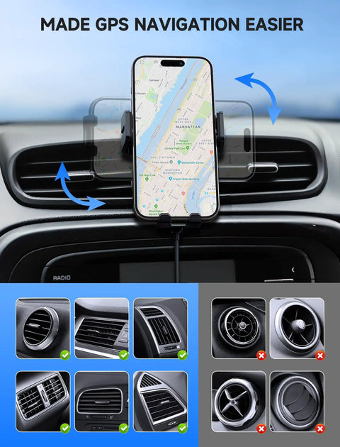 Wireless Car Charger 15W Auto Clamping With 360 Degree Rotating Phone Holder And 3 In 1 Dash Windshield Air Vent Mount in car