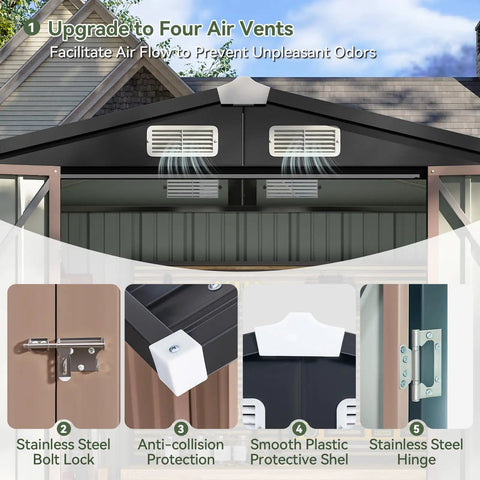 Heavy Duty Outdoor Tool Shed With Lockable Doors, 6.2x4 Ft Galvanized Steel Storage, ventilation features and lock details shown.