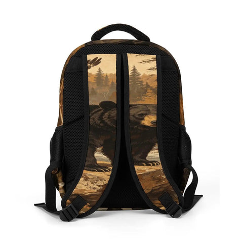 Back view of Wildlife Vintage Printed Unisex Backpack with bear design, durable polyester, large capacity, everyday use straps.