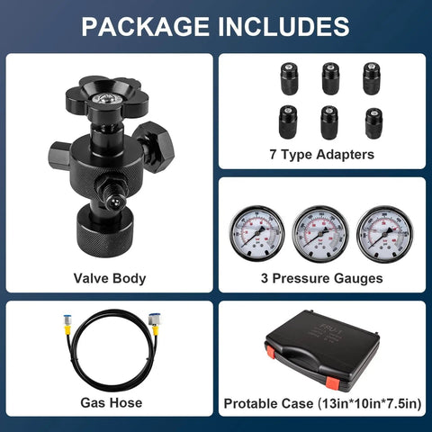 Nitrogen Charging Kit For Hydraulic Accumulators With 3 Pressure Gauge Ranges And 7 Coupling Adapters Pressure Test Gauge Kit For Agriculture Machinery Built For Real World Use Heavy Duty Black