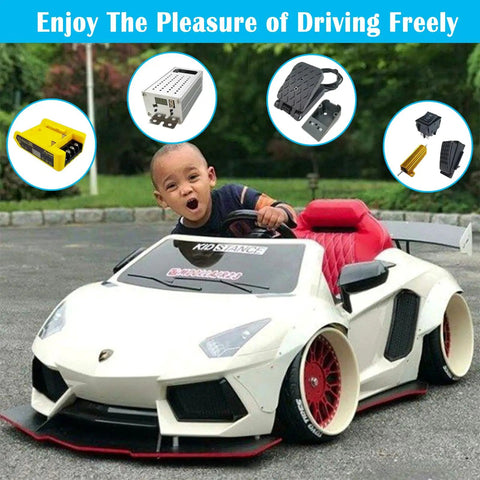 Child driving a toy car with Ride On Toy Battery Adapter And DC Motor Speed Controller Kit For 24V Conversion accessories visible.