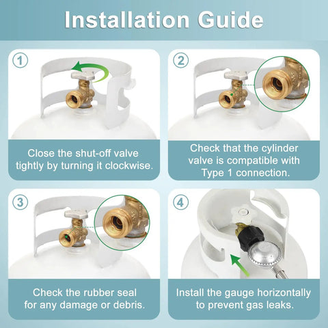 Installation guide for Six Foot Stainless Steel Braided Propane Regulator With Hose For Blackstone 28 And 36 Inch Griddles Weber Grills Patio Heaters And Fire Pits The Go To Universal Gas Grill Regulator Replacement Part; demonstrates valve and rubber seal checks.