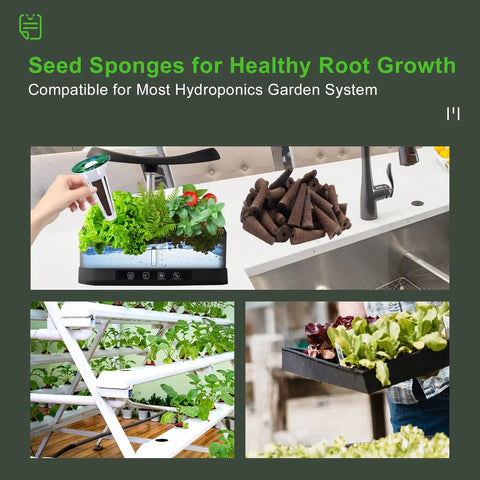 No Fuss Hydroponic Grow Sponges For Aerogarden Replacement Pods shown in indoor hydroponic garden setups and close-up view