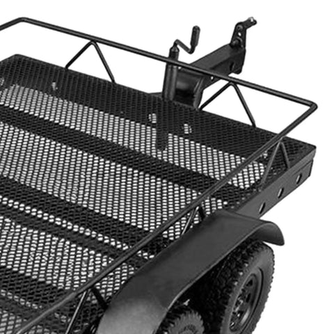 Heavy Duty RC Car Trailer And Cargo Hauler For Scx10 Scale Crawlers Bulletproof Aluminum Build straight view of cargo area with mesh design.