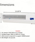 Kickin Heat Heavy Duty 24 Inch 240V Heated Air Curtain for Restaurant Drive Thru Windows with 160 CFM Warm Air Blower dimensions display.