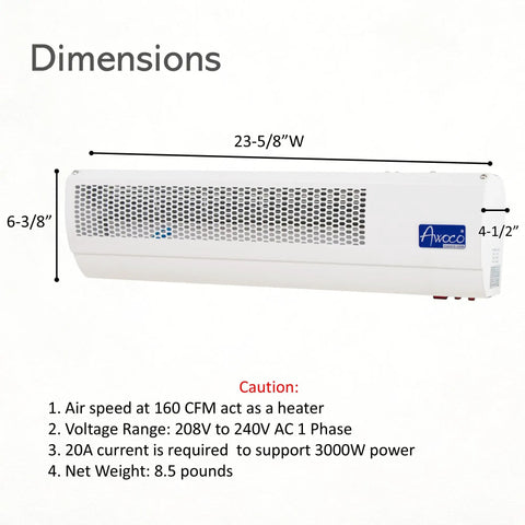Kickin Heat Heavy Duty 24 Inch 240V Heated Air Curtain for Restaurant Drive Thru Windows with 160 CFM Warm Air Blower dimensions display.