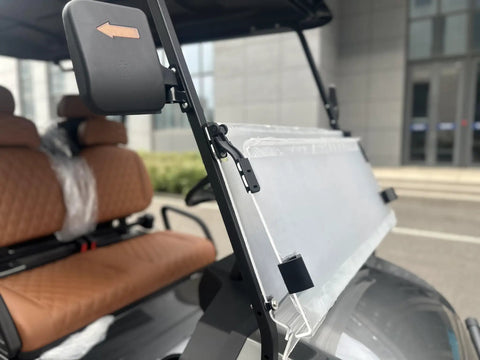White 4 Seater Electric Golf Cart Featuring Flip Up Seats 48 Volt 150 Amp Hour Lithium Battery And Backup Camera, interior view of flip-up seats and mirror.