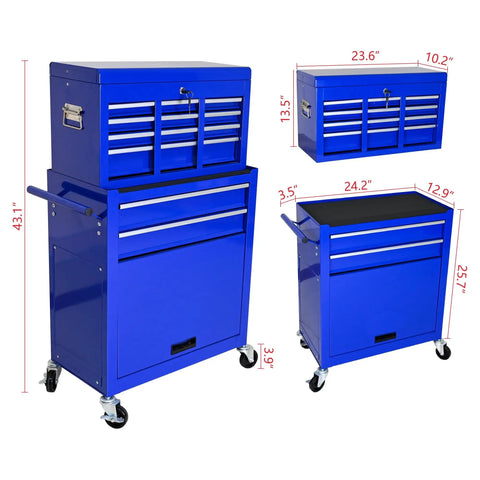 Badass 8 Drawer Rolling Tool Chest Modular Detachable Design Heavy Duty Workhorse For Garage Shop And Mechanic Large Capacity Storage Cabinet With Multiple Compartments For Professional Use, three angles showing size and compartments.