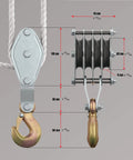 Diagram of Heavy Duty Block And Tackle Pulley System for Lifting Heavy Objects with measurements and details.