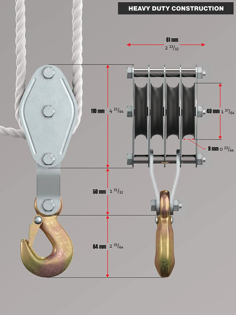 Diagram of Heavy Duty Block And Tackle Pulley System for Lifting Heavy Objects with measurements and details.