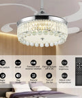 42 Inch Reversible Crystal Ceiling Fan With Lights And Remote Control, Stepless Dimming LED Chandelier Style Ceiling Fan above a bed