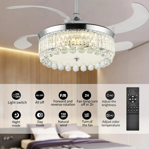 42 Inch Reversible Crystal Ceiling Fan With Lights And Remote Control, Stepless Dimming LED Chandelier Style Ceiling Fan above a bed