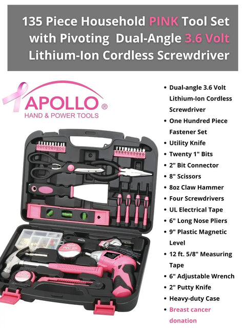 Pink 135 Piece Home DIY Tools Set With Pivoting Dual Angle 3.6V Lithium Ion Cordless Screwdriver, open toolkit display