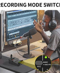 Person using USB Audio Interface For PC With XLR And 3.5mm Microphone Jack For Home Studio Recording, USB Sound Card Q-12