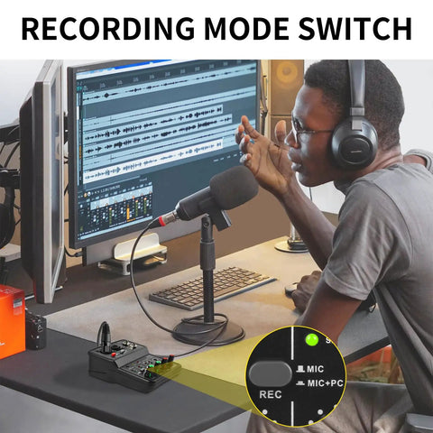 Person using USB Audio Interface For PC With XLR And 3.5mm Microphone Jack For Home Studio Recording, USB Sound Card Q-12