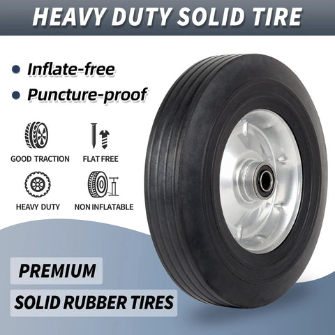 10 Inch By 2.5 Inch Flat Free Solid Rubber Tire With 5/8 Inch Axle Bore Hole And 2 1/4 Inch Hub Replacement Wheel