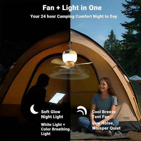 Portable Camping Fan With Light And Remote For Tents And Outdoors, Rechargeable Wireless Hanging Ceiling Fan in a tent