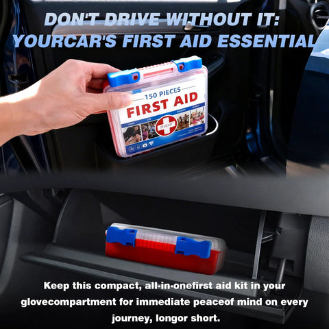 TLIEAO mini 150-piece first aid kit in red case with blue latches, held by hand beside car, with a second kit in the glove box.