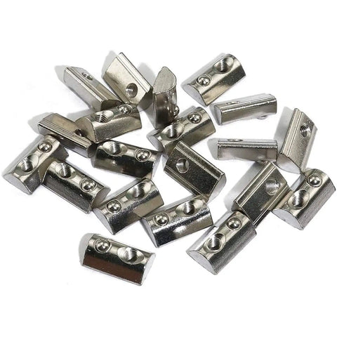 Drop In T Nut Set For Aluminum Extrusion 20 Pcs M6 Thread Spring Nuts with Hammer Head Fasteners shown in nickel-plated carbon steel.