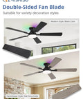 Sleek 52 Inch Smart Ceiling Fan With RGB Smart Lighting And Wifi Voice Control Compatible With Alexa For Slick Cooling And No Sweat Setup Today, showing black and oak grey fan blades.