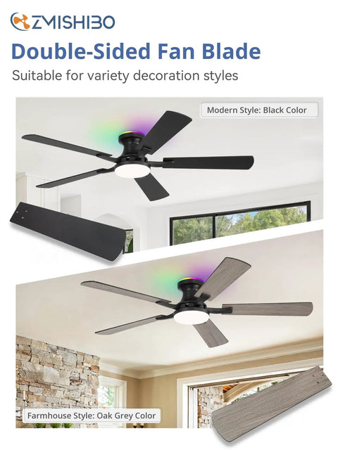 Sleek 52 Inch Smart Ceiling Fan With RGB Smart Lighting And Wifi Voice Control Compatible With Alexa For Slick Cooling And No Sweat Setup Today, showing black and oak grey fan blades.