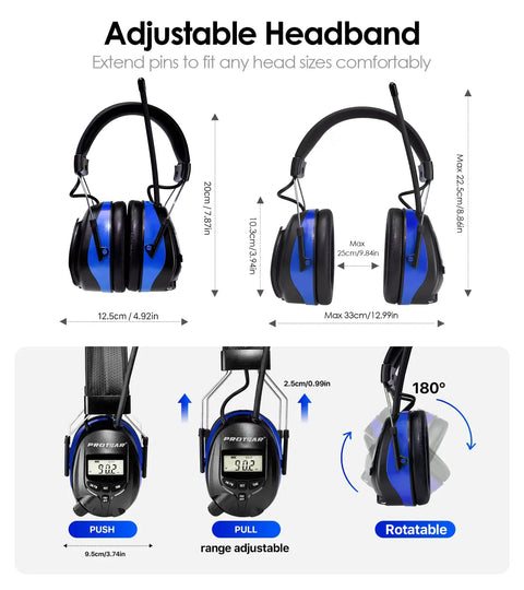 Digital AM FM Radio Headphones With 25dB Noise Reduction Ear Muffs Safe Hearing Protection For Lawn Mowing Construction Chainsaw And Landscaping Comfortable Ear Protector Light Blue with adjustable headband and dimensions