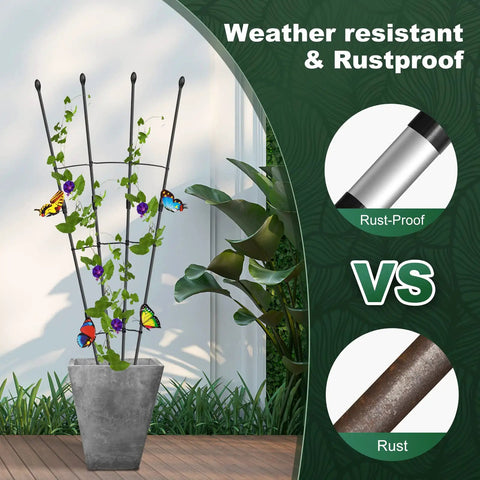 Outdoor And Indoor Garden Trellis With 47 Inch Obelisk And Tomato Cage Two Easy Setup Options Rustproof Plant Support For Potted Plants And Climbing Vines Plus 5 Decorative Butterfly Ornaments shown with rustproof material