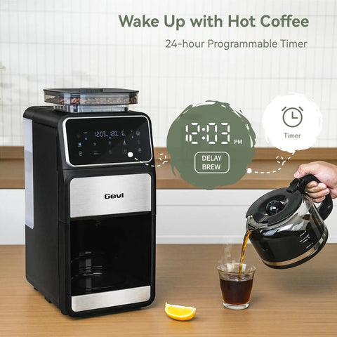 Grind And Brew 10-Cup Coffee Maker With Built-In Burr Grinder, Programmable Touch Screen, shown dispensing coffee into a glass carafe.