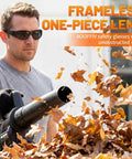 Man using leaf blower wearing frameless one-piece lens safety glasses with unobstructed view, clear safety glasses bulk pack.