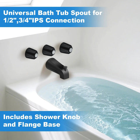 Matte Black Tub And Shower Trim Kit With Knob And Bath Spout For 1/2 Inch Copper Connection shown in a bathtub setup
