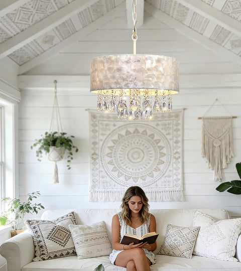 Showstopping Four Lights Drum Crystal Shade Black Chandelier Pendant Light For Kitchen Island Dining Room Living Room