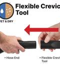 Connecting Flexible Crevice Vacuum Tool to hose, showcasing 1.25 inch diameter fit, great for dust and debris, slim reach in tight spaces.