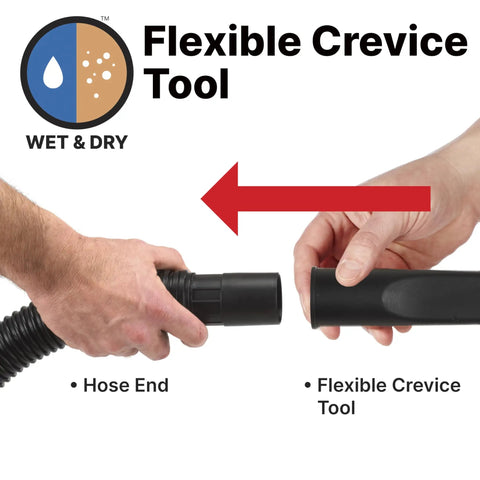 Connecting Flexible Crevice Vacuum Tool to hose, showcasing 1.25 inch diameter fit, great for dust and debris, slim reach in tight spaces.