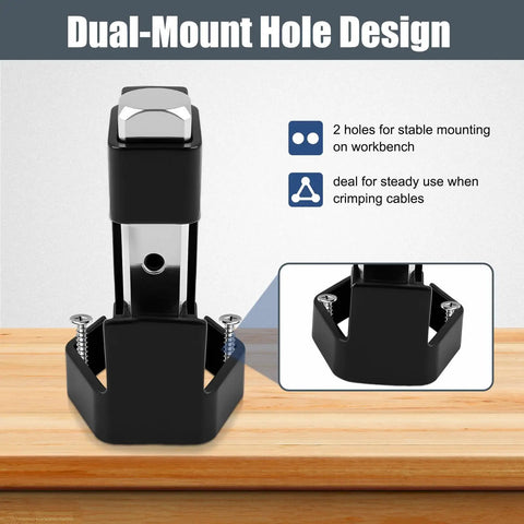 Dual-mount Beefy Lug Crimper Tool for 8 AWG to 0000 AWG battery and welding cables on wooden bench.