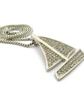 Angled view of the Iced Out Sailing Yacht Pendant Necklace With 24 Inch Chains In Silver Tone, imitation silver plated jewelry.