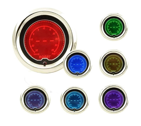 LEVANLIGHT 2-1/16 in oil pressure gauge kit with chrome bezel; front red display and six color options shown.