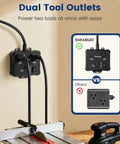 Automatic Vacuum Switch with Dual Tool Outlets Auto On Off Modes installed in workshop with table saw