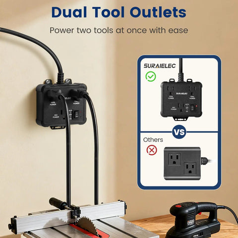Automatic Vacuum Switch with Dual Tool Outlets Auto On Off Modes installed in workshop with table saw