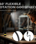 LED Work Light With Magnetic Gooseneck, 500 Lumen Brightness, Beat The Dark Zoomable Flexible Flashlight displayed on workbench