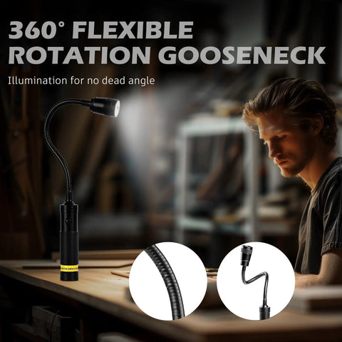 LED Work Light With Magnetic Gooseneck, 500 Lumen Brightness, Beat The Dark Zoomable Flexible Flashlight displayed on workbench