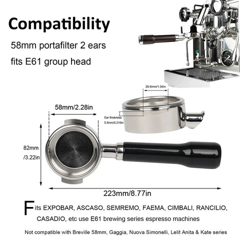 Bottomless 58mm Portafilter For E61 Group Heads, 2-Ear Naked Design, showing dimensions and compatibility with espresso machines
