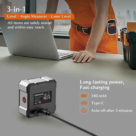 4-Side Magnetic Digital Angle Gauge With Laser Protractor Level, Rechargeable Type-C inclinometer shown with laptop and charging cable